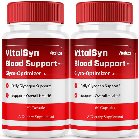 Vitaluxa Vitalsyn blood support capsules bottle on shelf for daily balance