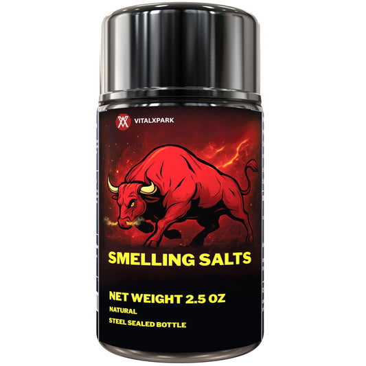 VitalXpark smelling salts bottle in use, boosting pre-workout focus.