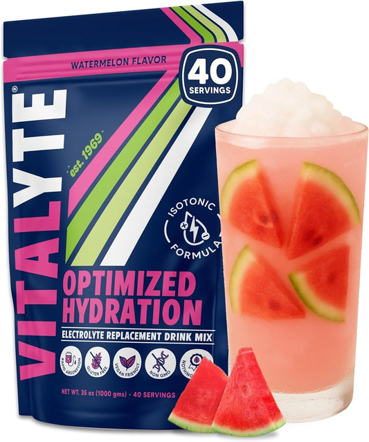 Vitalyte watermelon electrolyte powder tub for isotonic hydration after workouts.