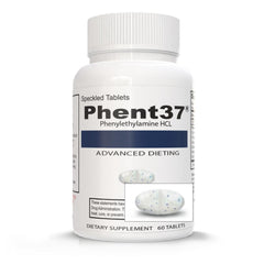 Vitamart Phent37 blue-white tablets visible in bottle for appetite support