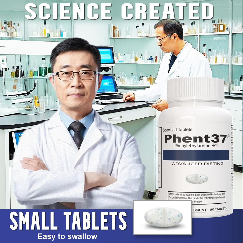 Vitamart Phent37 tablet closeup with blue-white speckles