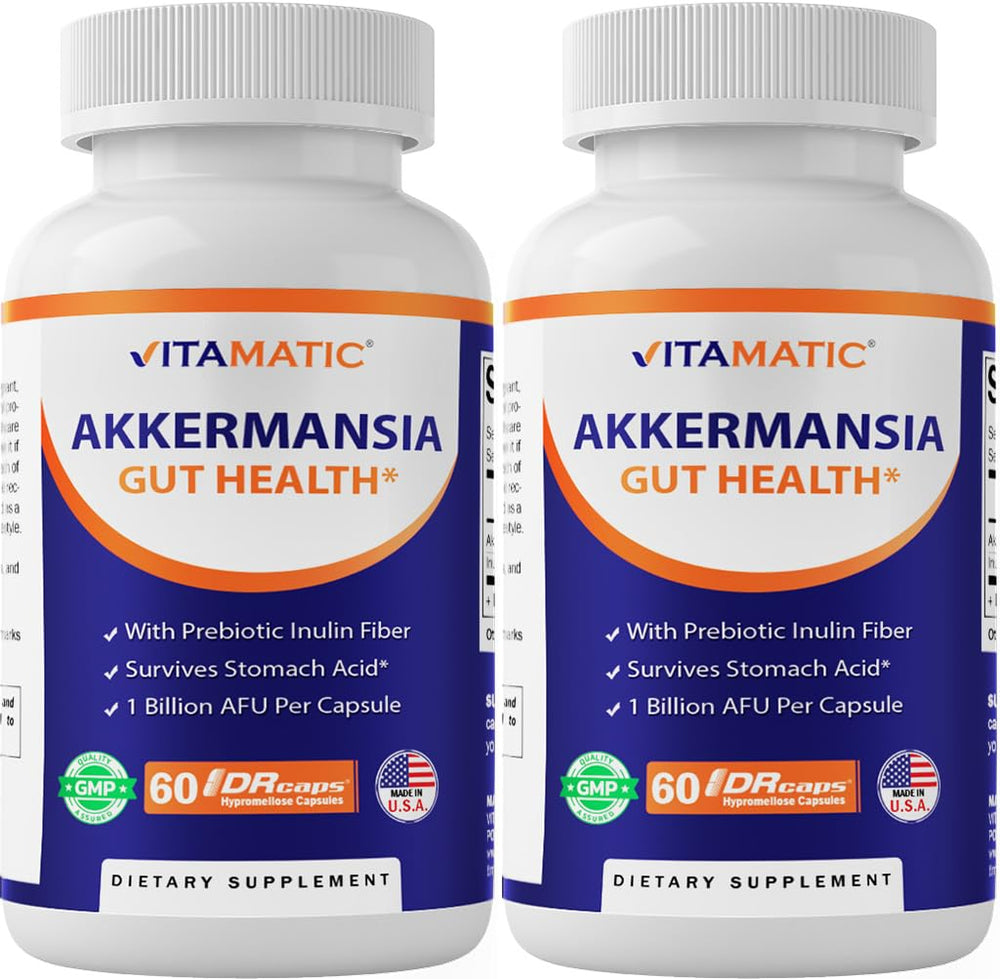 Vitamatic Akkermansia Muciniphila bottle front showing premium gut health packaging