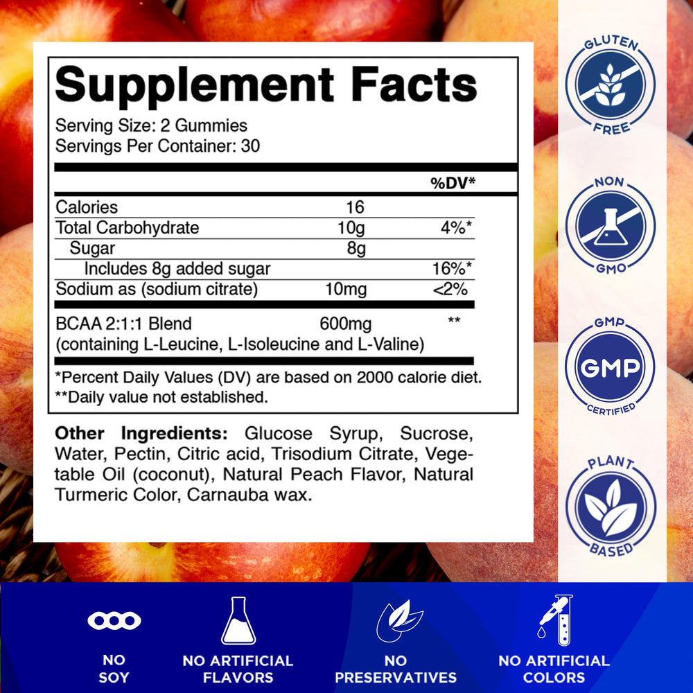 Vitamatic BCAA Gummies peach close-up showing chewy texture and peach color