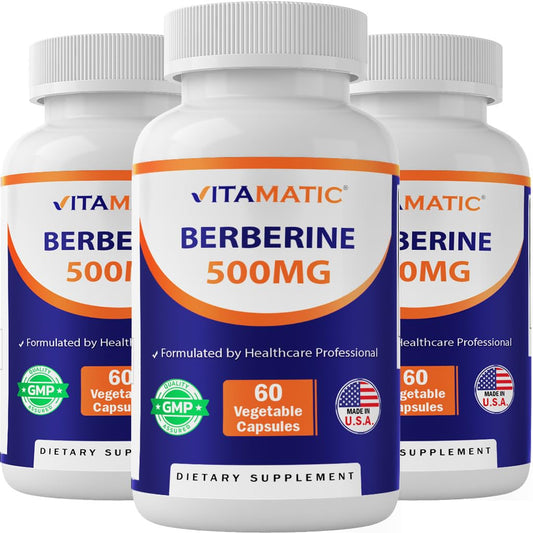 Vitamatic Berberine 500mg bottle with capsules for daily metabolic support