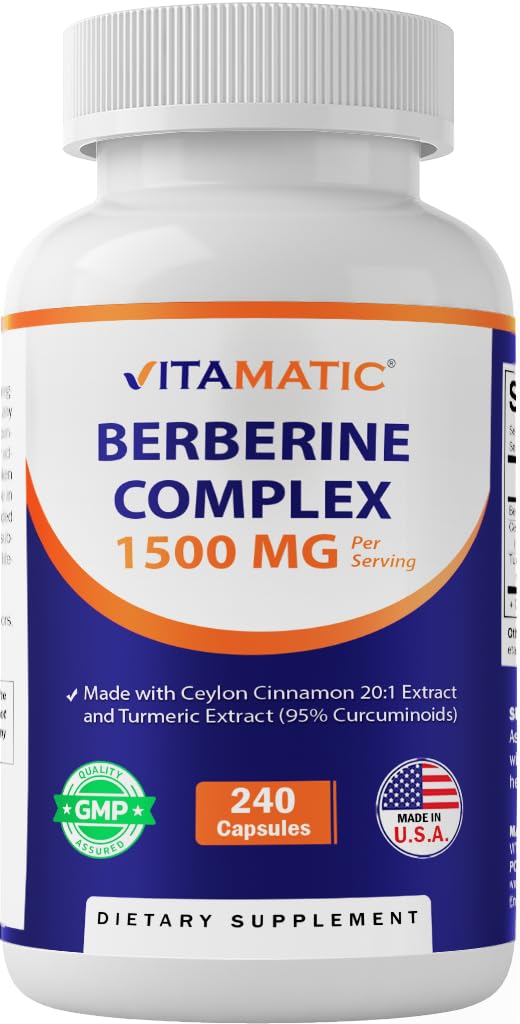 Vitamatic Berberine Cinnamon bottle front with label highlighting the supplement.
