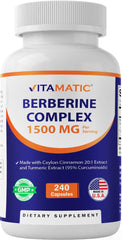 Vitamatic Berberine Cinnamon bottle front with label highlighting the supplement.
