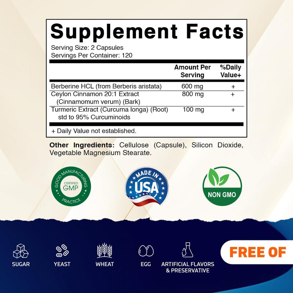 Vitamatic Berberine Cinnamon capsules close-up for easy daily intake.