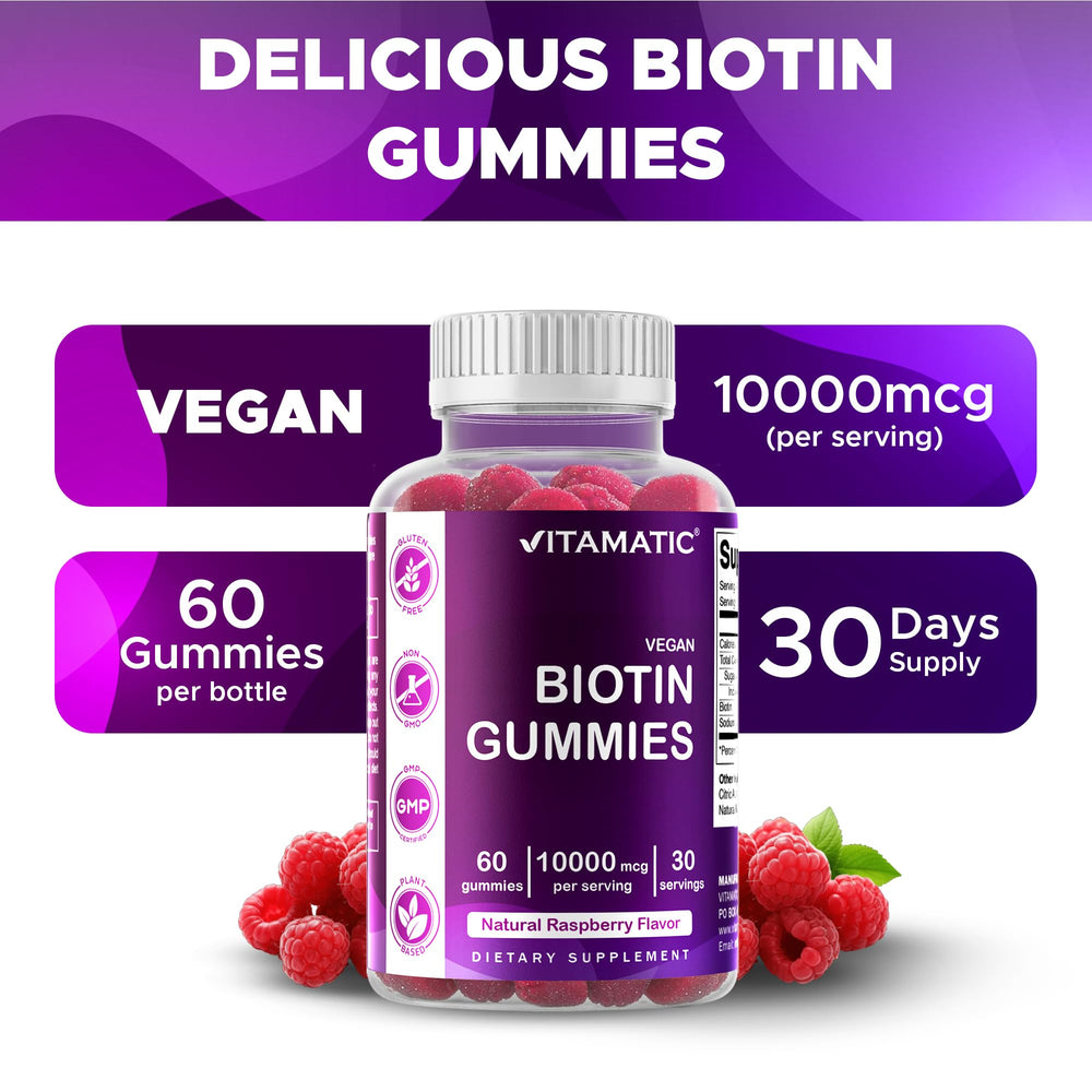 Vegan-friendly Vitamatic Biotin Gummies label on bottle for everyday wellness