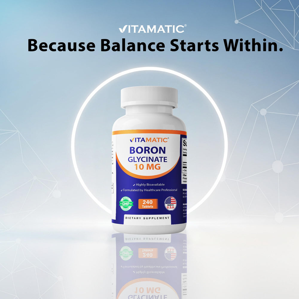 Vitamatic boron glycinate chelate detail indicates structured mineral form.