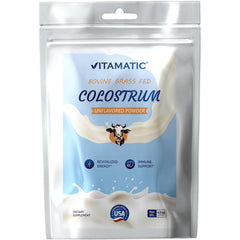 Vitamatic Bovine Colostrum Powder in a jar for convenient daily use.