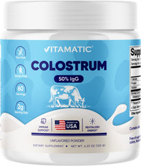 Vitamatic Bovine Colostrum Powder packaging highlights IgG rich formula for immune support.