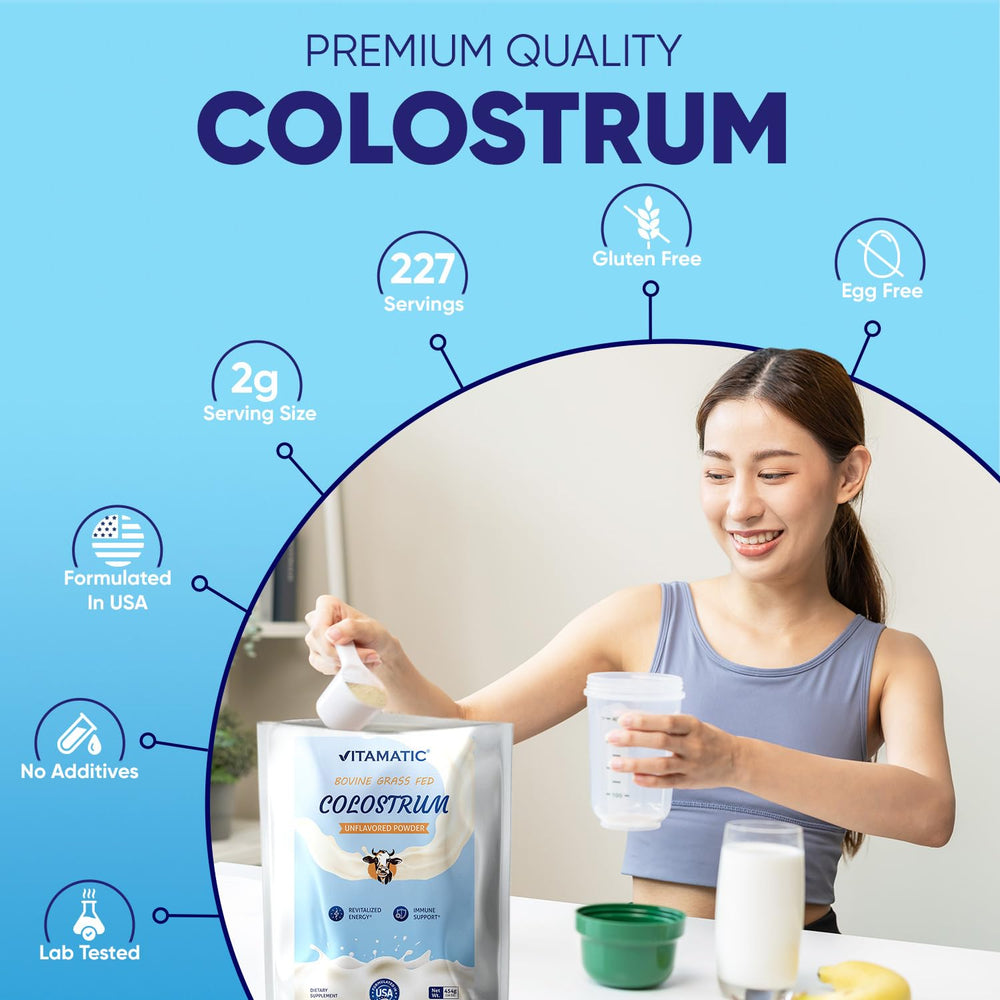 Vitamatic Bovine Colostrum Powder pour to show fine texture and solubility.