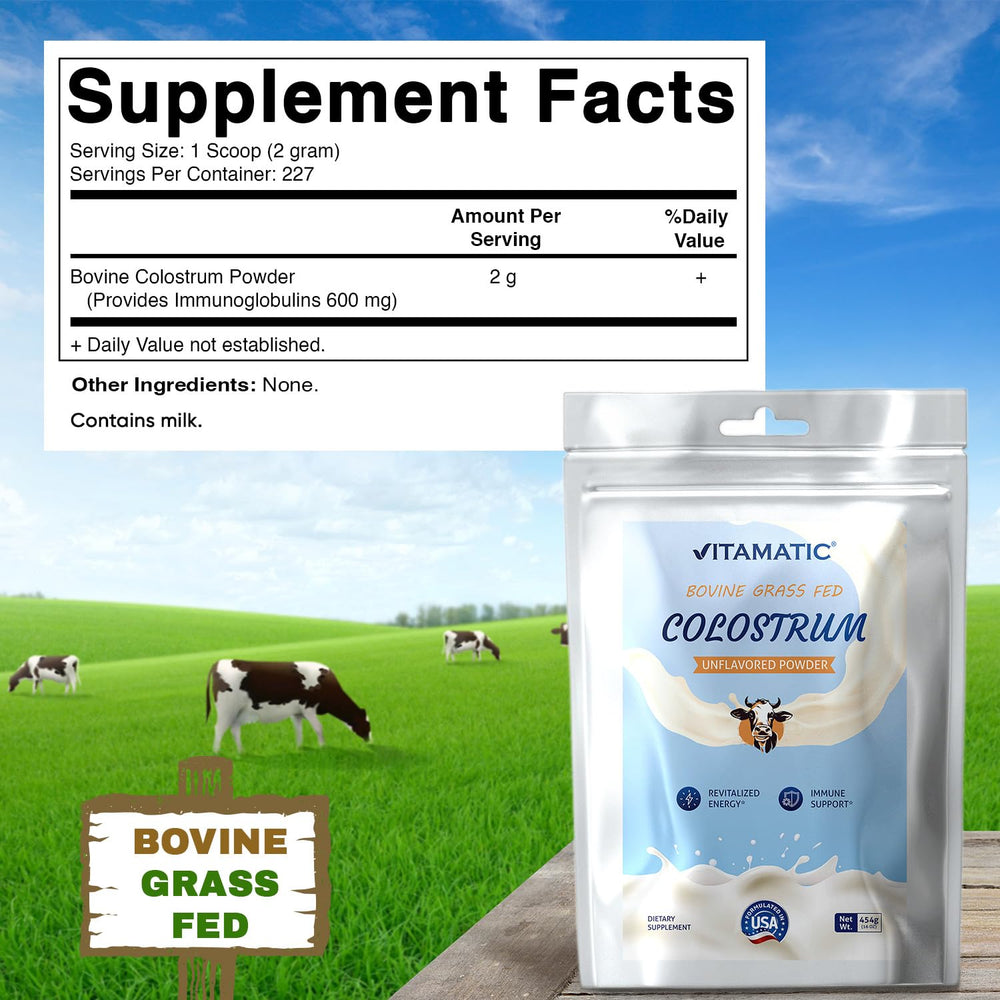 Vitamatic Bovine Colostrum Powder with scoop for precise servings.