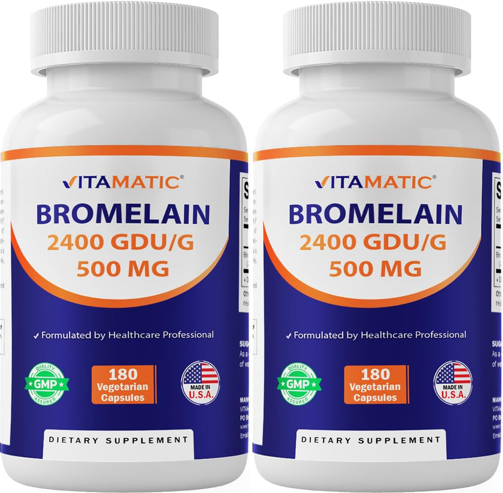 Vitamatic Bromelain 500mg bottle front with 2-pack packaging signaling digestion support