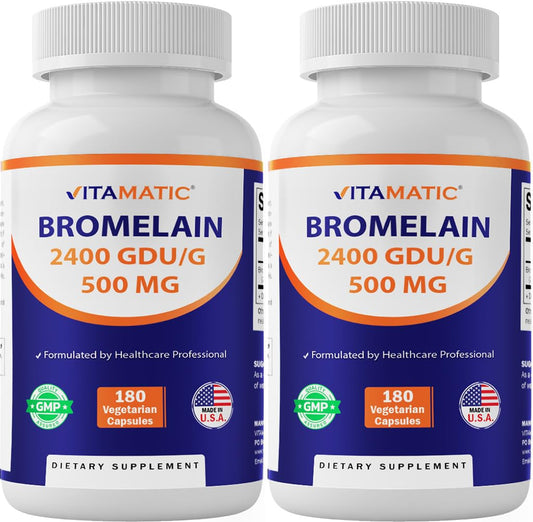 Vitamatic Bromelain 500mg bottle front with 2-pack packaging signaling digestion support