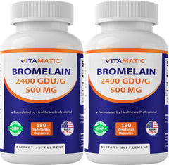 Vitamatic Bromelain 500mg bottle front with 2-pack packaging signaling digestion support
