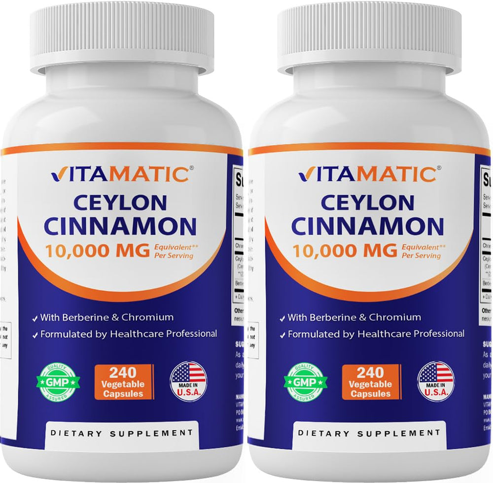 Vitamatic Ceylon Cinnamon bottle front with 240 veggie capsules for daily use