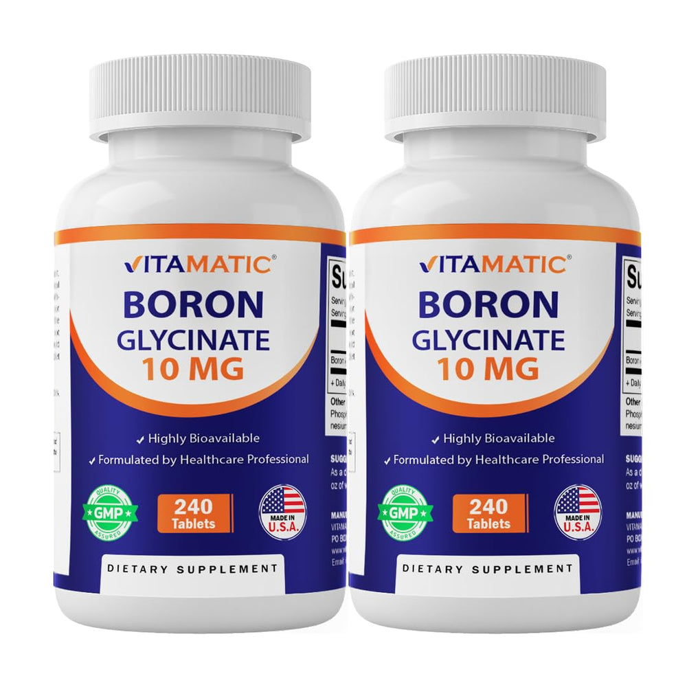 Vitamatic chelated boron 10 mg tablets close-up showing bottle and supplement detail for bone support.
