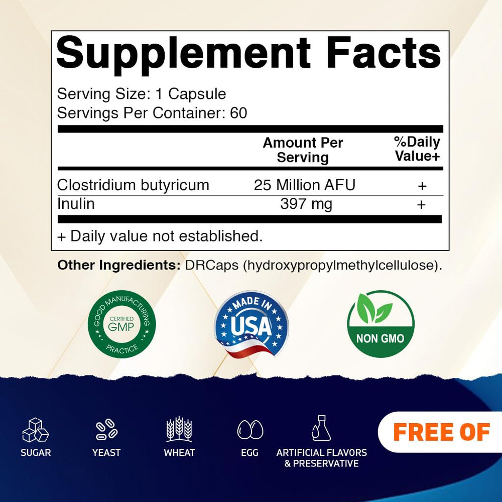 Vitamatic Clostridium butyricum 25M capsules highlighting their capsule form