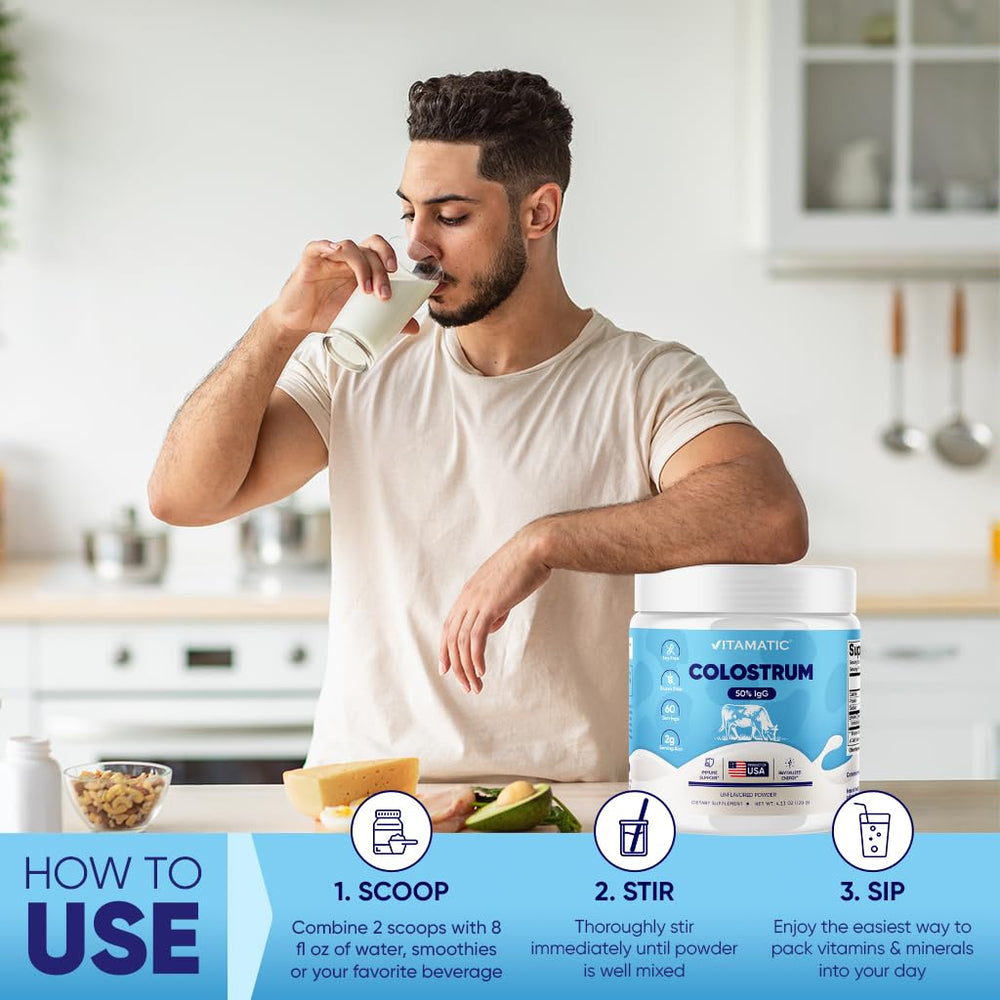 Label on Vitamatic colostrum powder container shows 60 servings and IgG content.