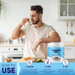 Label on Vitamatic colostrum powder container shows 60 servings and IgG content.