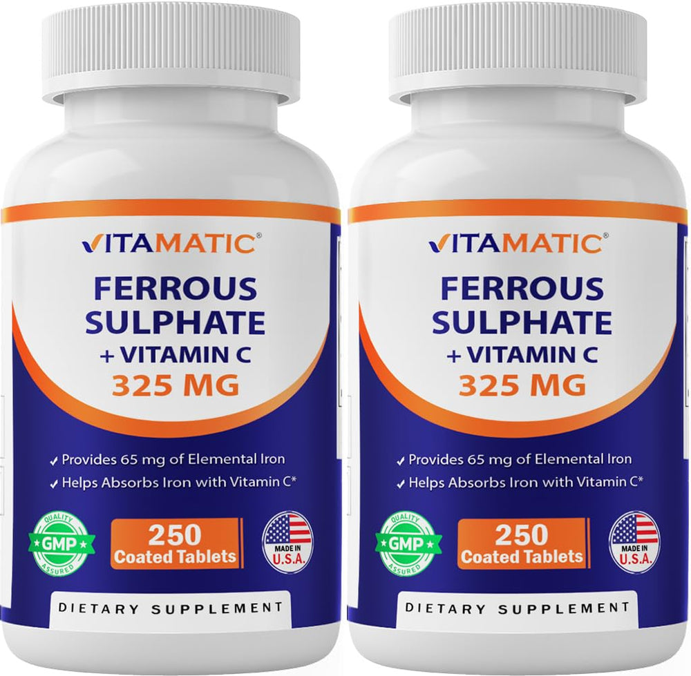 Vitamatic Ferrous Sulfate 65mg elemental iron tablets in bottle for daily use.
