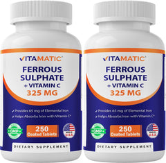 Vitamatic Ferrous Sulfate 65mg elemental iron tablets in bottle for daily use.