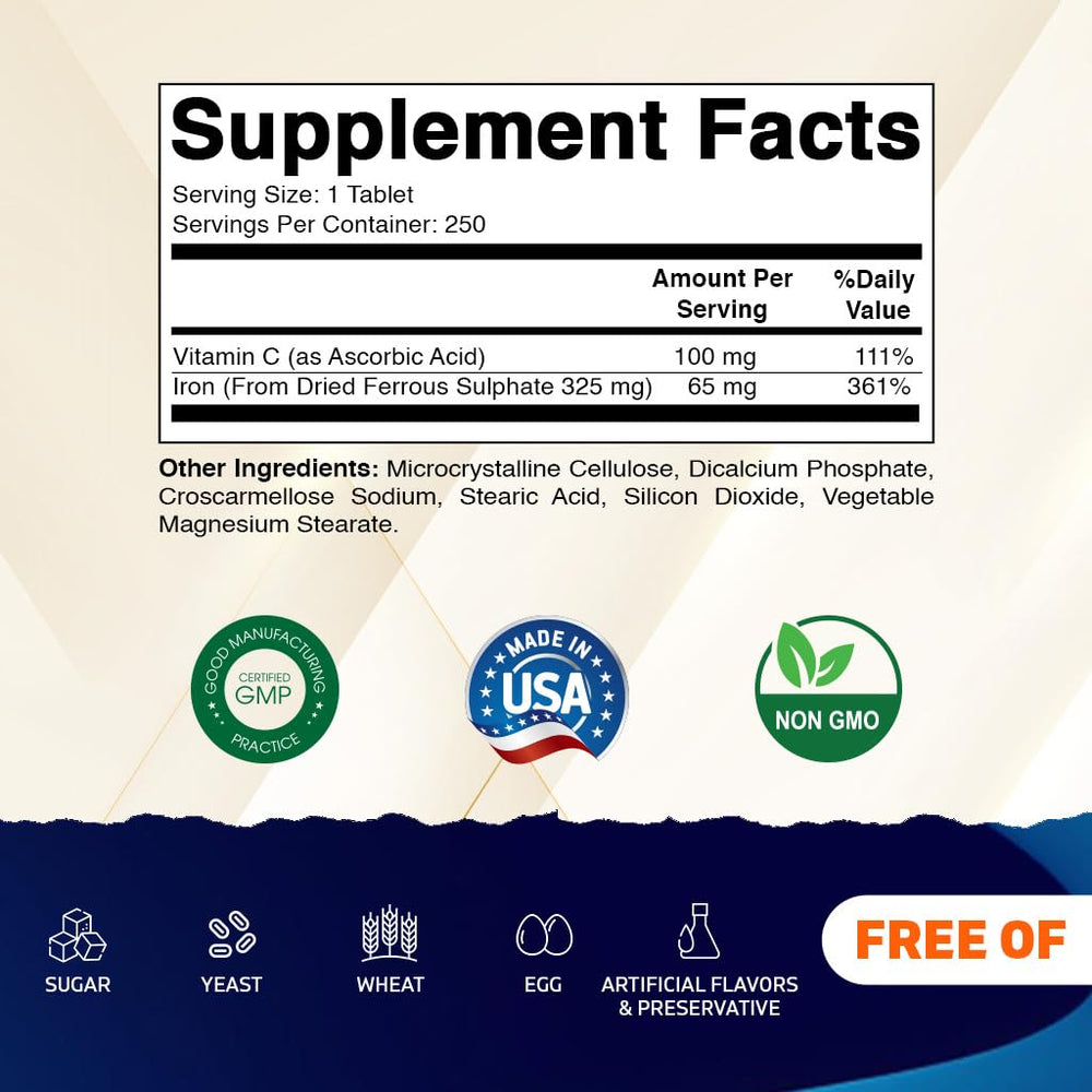 Vitamatic Ferrous Sulfate tablet closeup shows smooth coating for easy swallowing.