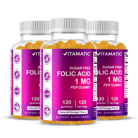 Vitamatic Folic Acid Gummies orange flavor bottle for prenatal convenience