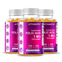 Vitamatic Folic Acid Gummies orange flavor bottle for prenatal convenience