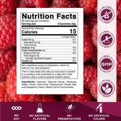 Gummies close-up showing raspberry flavor and soft texture