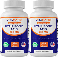 Vitamatic Hyaluronic Acid bottle front showing label for skin support.
