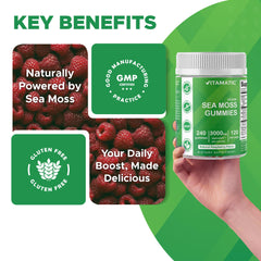 Gluten-free Vitamatic Sea Moss Gummies label visible.