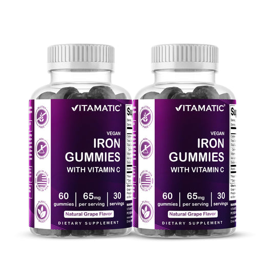 Vitamatic Iron 65 mg gummies bottle front with grape flavor for daily iron support