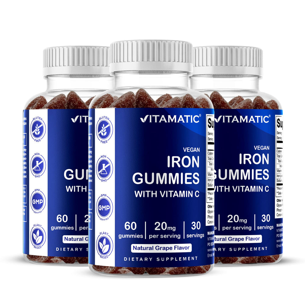 Vitamatic Iron Gummies bottle front for convenient iron and vitamin C support.