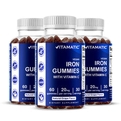 Vitamatic Iron Gummies bottle front for convenient iron and vitamin C support.