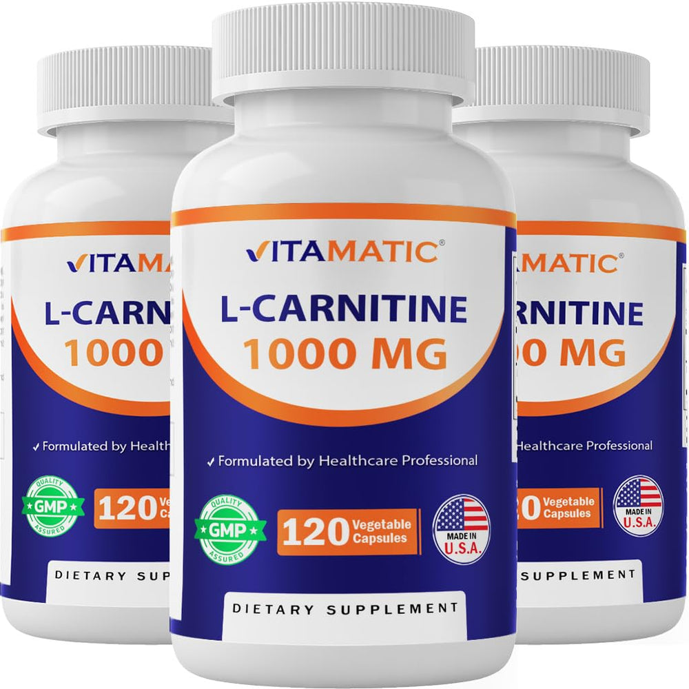 Vitamatic L-Carnitine Fumarate bottle front supports energy for workouts