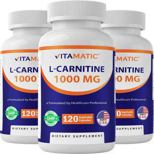Vitamatic L-Carnitine Fumarate bottle front supports energy for workouts
