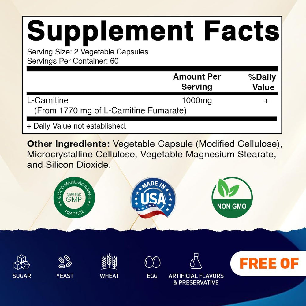 Vitamatic L-Carnitine Fumarate bottle side view shows dosage and formula