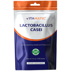 Vitamatic Lactobacillus Casei powder tub front emphasizes high potency for daily digestive support