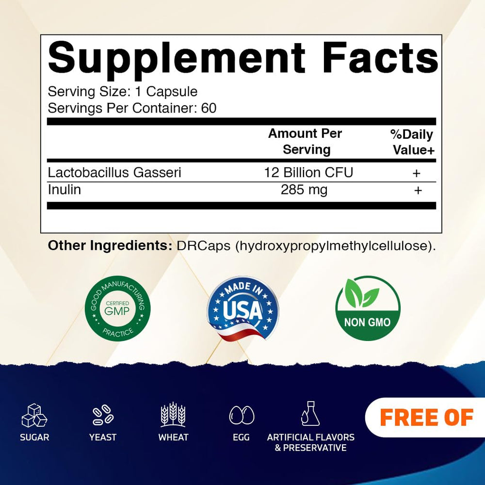 Vitamatic Lactobacillus Gasseri bottle label back explains ingredients and directions for gut balance