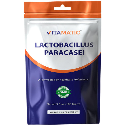 Vitamatic Lactobacillus Paracasei powder bottle may support daily digestive balance.