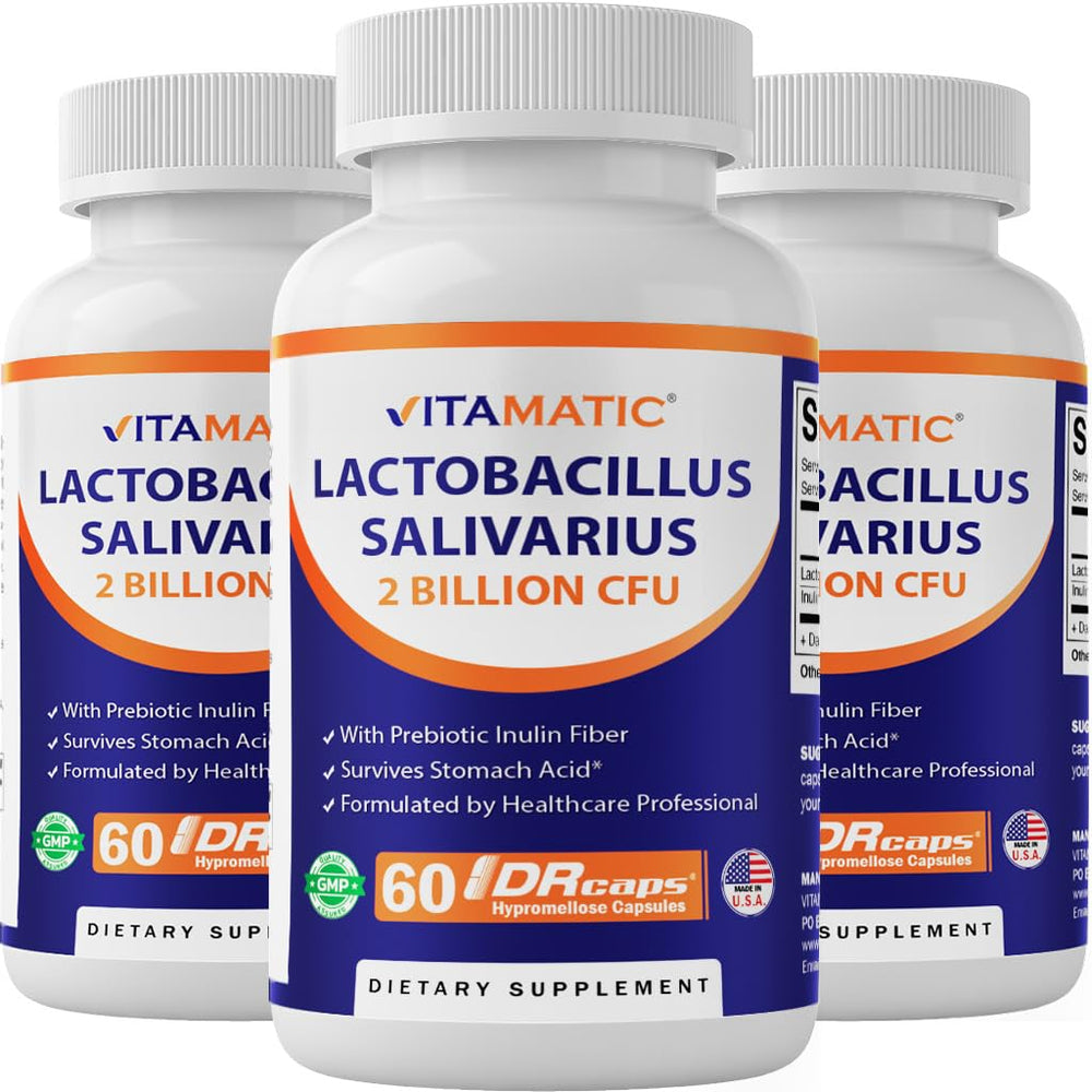 Vitamatic Lactobacillus Salivarius bottle front highlighting digestive support potential