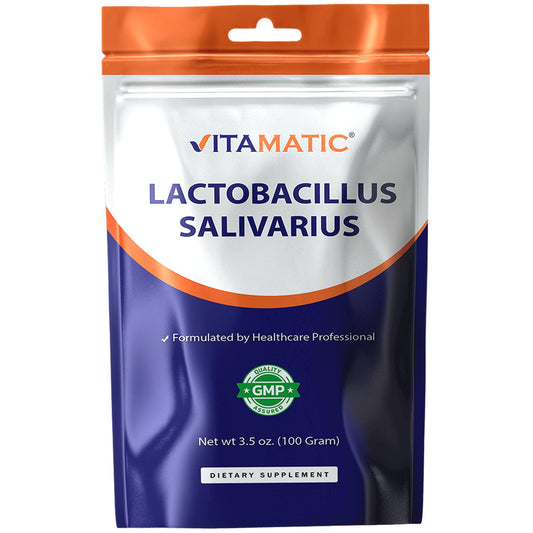 Vitamatic Lactobacillus Salivarius probiotic powder bottle promotes daily digestive balance.
