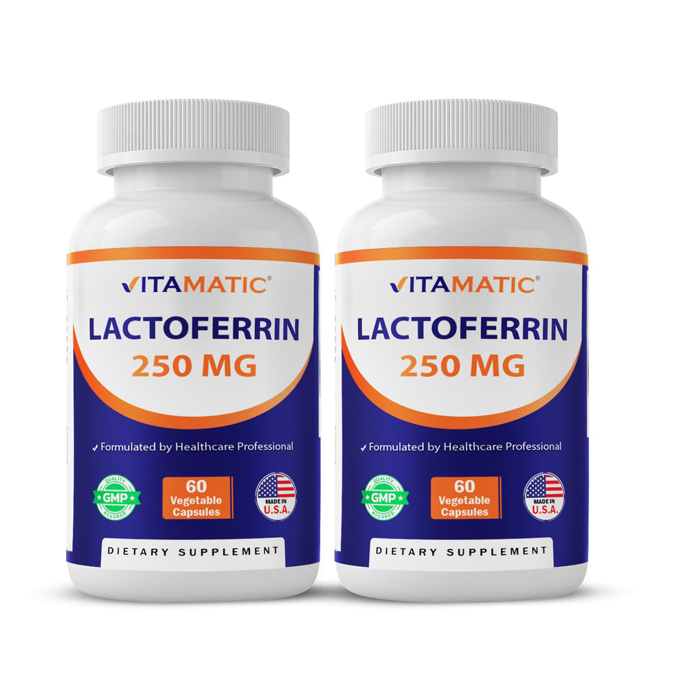 Vitamatic Lactoferrin 250mg bottle close-up for immune support.