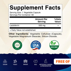 Vitamatic Lactoferrin capsules close-up of 500mg veggie capsules
