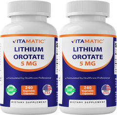 Vitamatic Lithium Orotate 5mg capsules, bottle on a clean counter for daily use