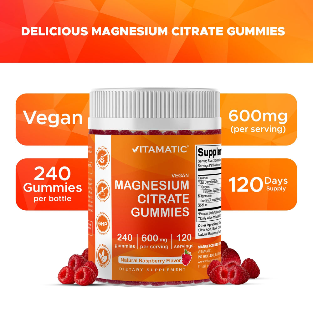 Vitamatic Magnesium Gummies bottle pouring into hand demonstrating convenient daily dose.