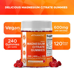 Vitamatic Magnesium Gummies bottle pouring into hand demonstrating convenient daily dose.