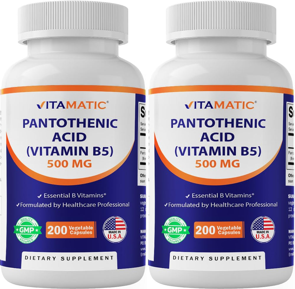 Vitamatic Pantothenic Acid 500mg bottle front highlights daily energy support.